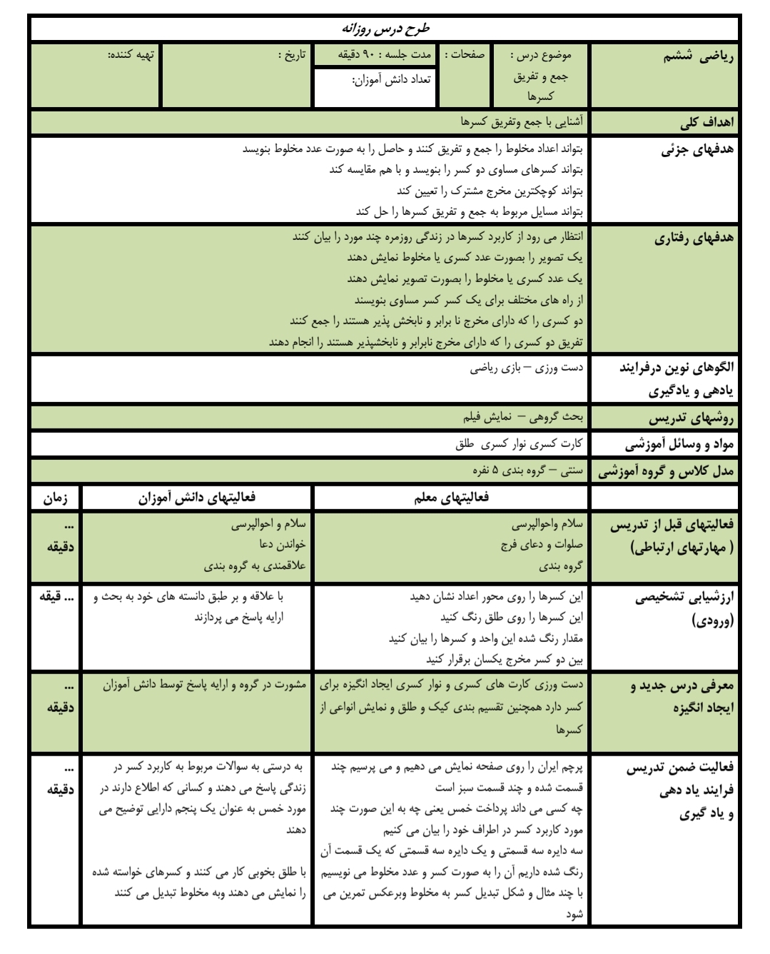 طرح درس روزانه جمع و تفریق کسر ریاضی چهارم دبستان