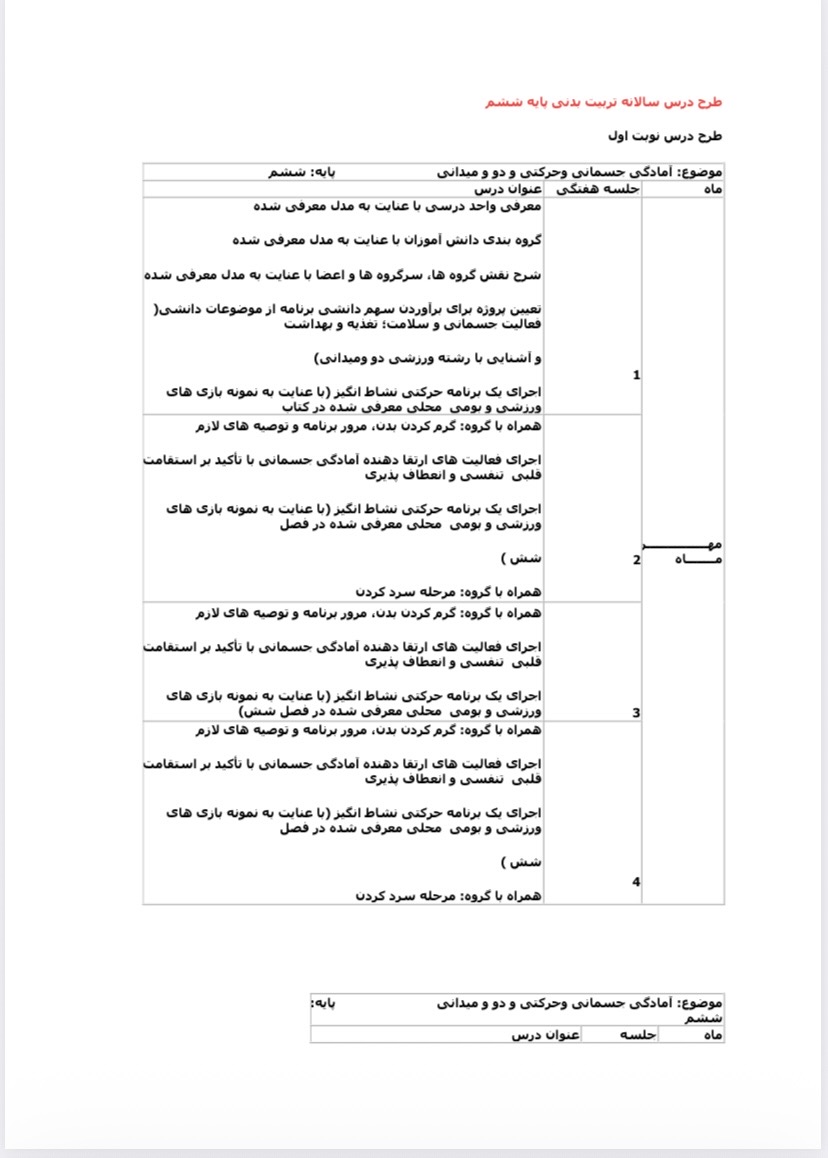 طرح درس روزانه تربیت بدنی پایه ششم