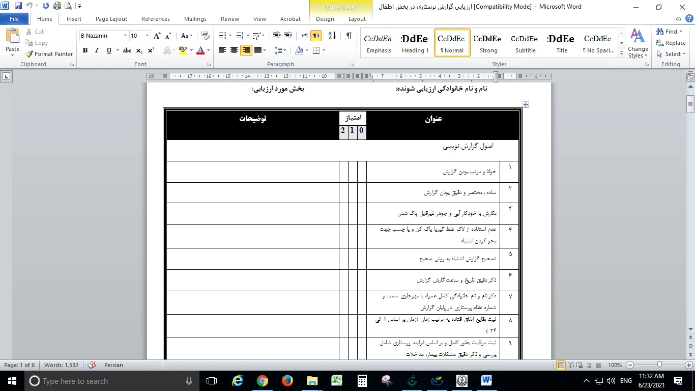 فرم ارزیابی گزارش پرستاری در بخش سی سی یو