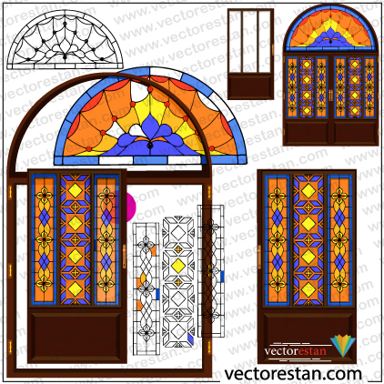 وکتور درب و پنجره چوبی ایرانی سنتی با شیشه های رنگی 731