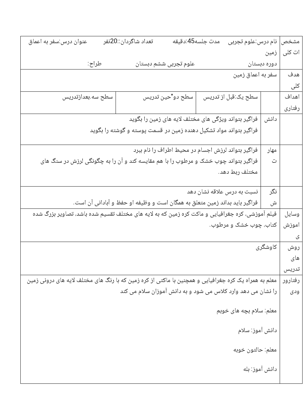 طرح درس روزانه سفر به اعماق زمین علوم تجربی ششم دبستان