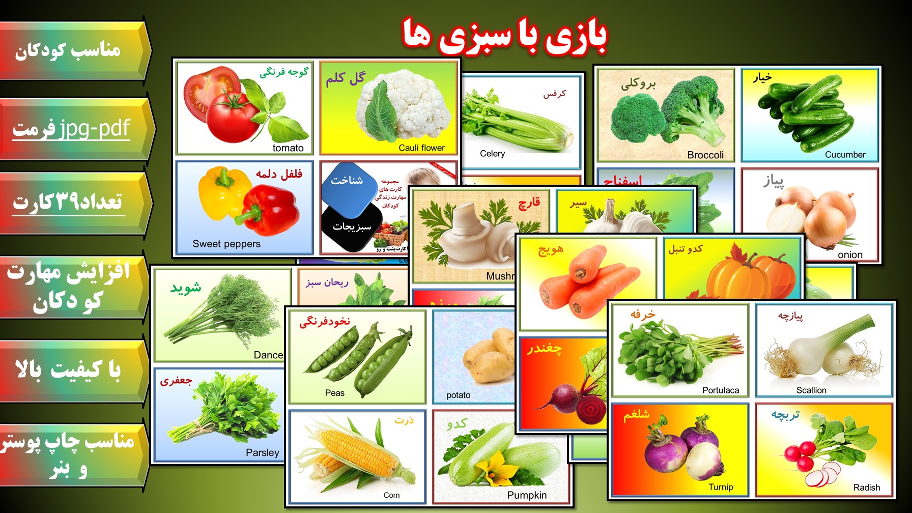 36 فلش کارت بازی و آموزشی موضوع سبزیجات