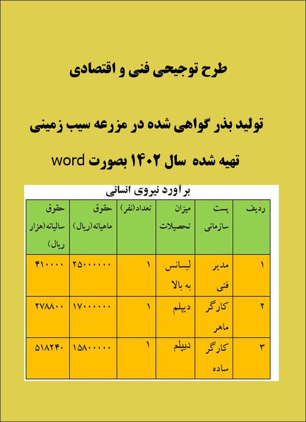 طرح توجیهی فنی و اقتصادی تولید بذر گواهی شده در مزرعه سیب زمینی  بروز شده 1402 بصورت word