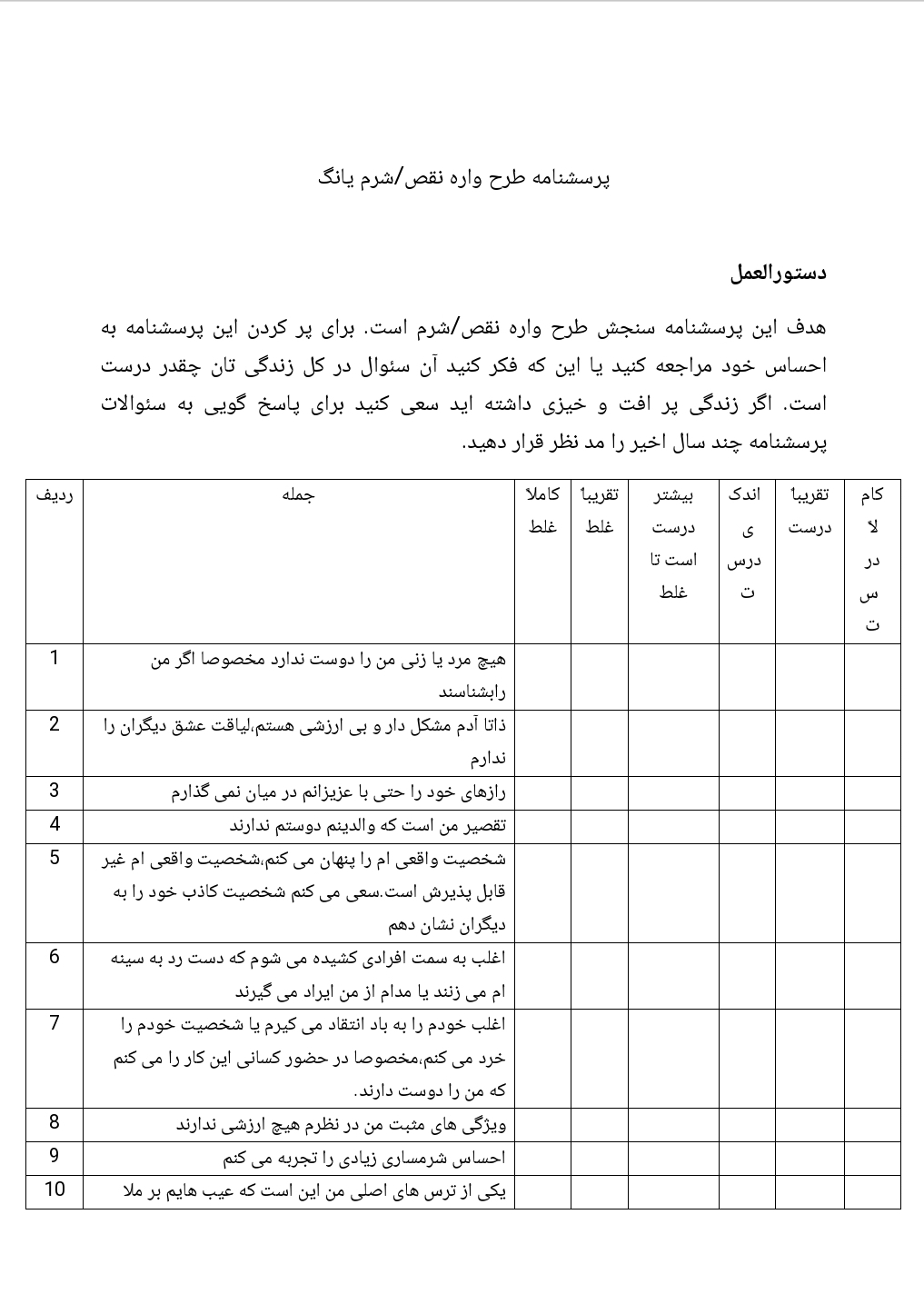 پرسشنامه طرح واره نقص/شرم یانگ