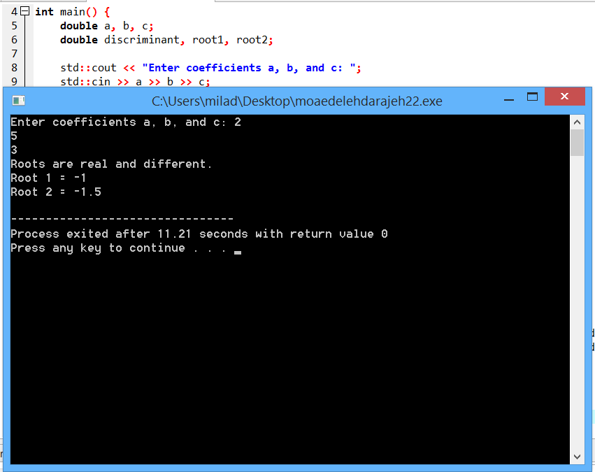 برنامه ی معادله ی درجه دوم در زبان ++c