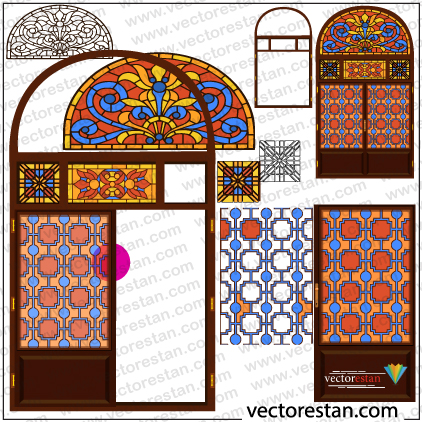 وکتور درب و پنجره چوبی ایرانی سنتی با شیشه های رنگی 732