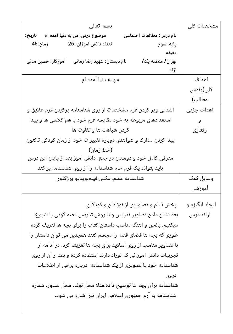طرح درس روزانه درس من به دنیا آمده ام