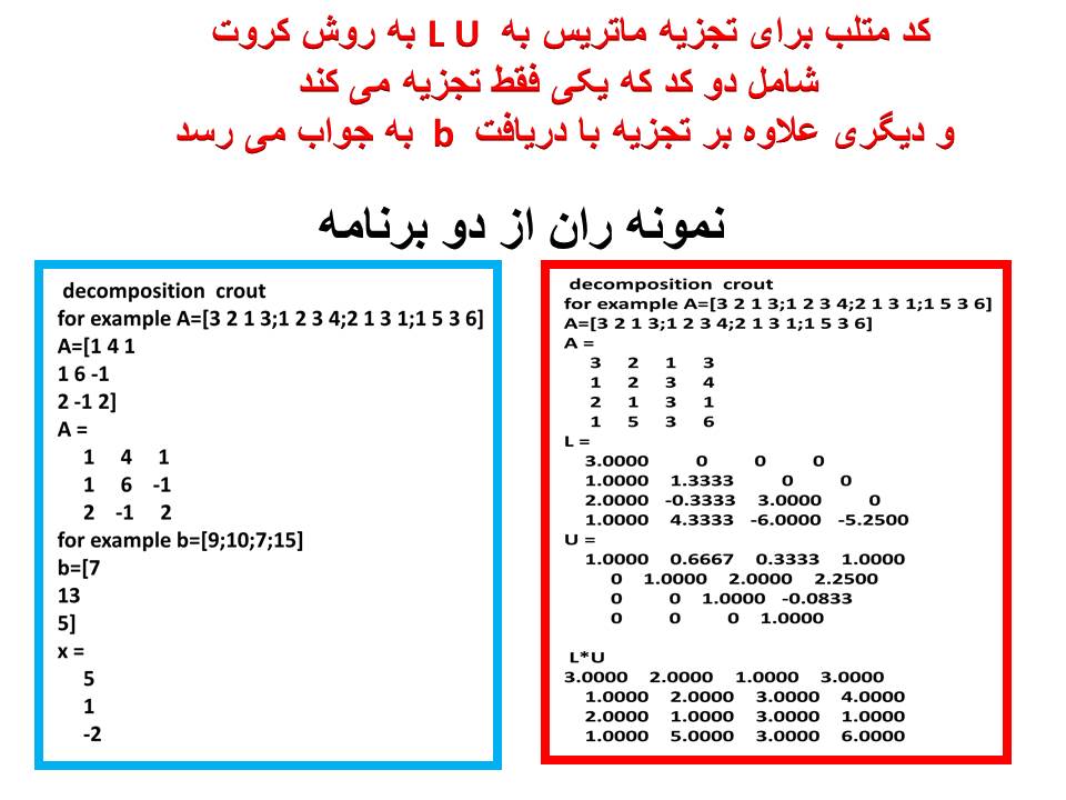 کد متلب برای تجزیه ماتریس ضرایب به روش کروت crouts