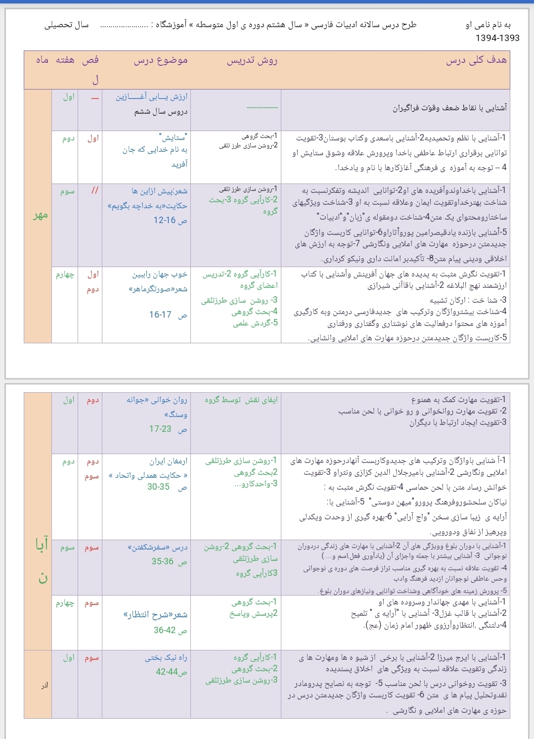 طرح درس سالانه ادبیات فارسی پایه هشتم