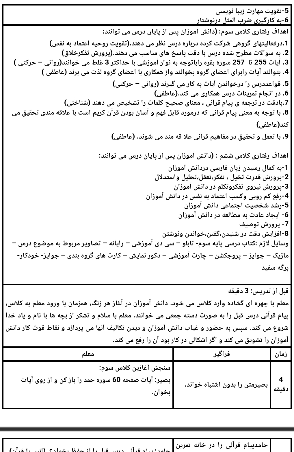 طرح درس چندپایه کلاس های سوم و ششم ابتدایی